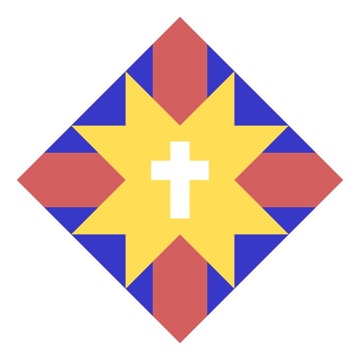 Barn quilt with white cross in the middle of yellow star