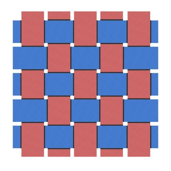 Barn quilt image of woven red and blue